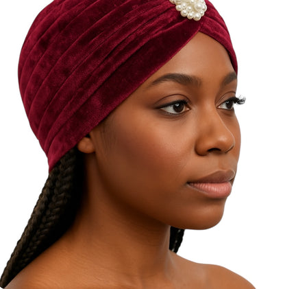 Elegant Velvet Turban Cap with Pearl Beads – Pre-Tied, Lightweight, Ready to Wear Headwrap for Women - Fatisha Boutique #