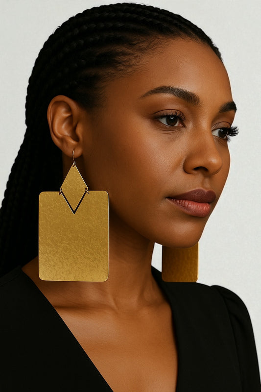 Oversized Brass Rectangle Earrings – Bold Geometric Hammered Dangle Statement