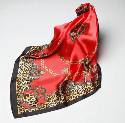 Luxury Square Satin Silk Scarf – Leopard Chain & Floral Print Neck, Hair & Bag Wrap for Women UK - Fatisha Boutique #