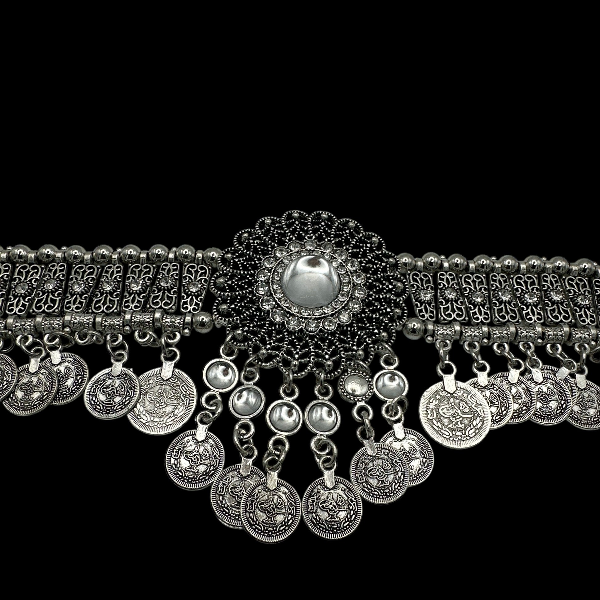 Bohemian Tribal Coins Choker Necklace – Ethnic Rhinestone Statement Jewellery - Fatisha Boutique #