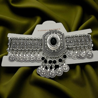 Bohemian Tribal Coins Choker Necklace – Ethnic Rhinestone Statement Jewellery - Fatisha Boutique #