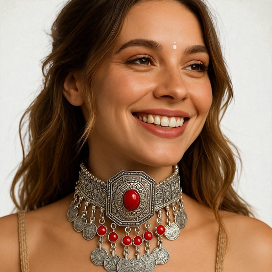 Bohemian Tribal Coins Choker Necklace – Ethnic Rhinestone Statement Jewellery - Fatisha Boutique #