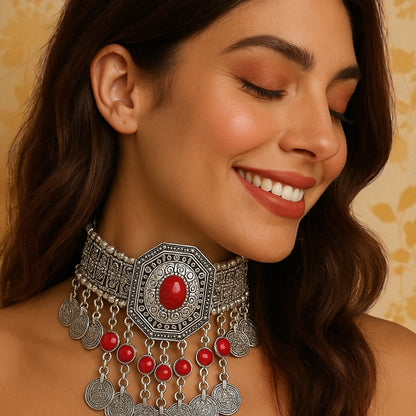 Bohemian Tribal Coins Choker Necklace – Ethnic Rhinestone Statement Jewellery - Fatisha Boutique #