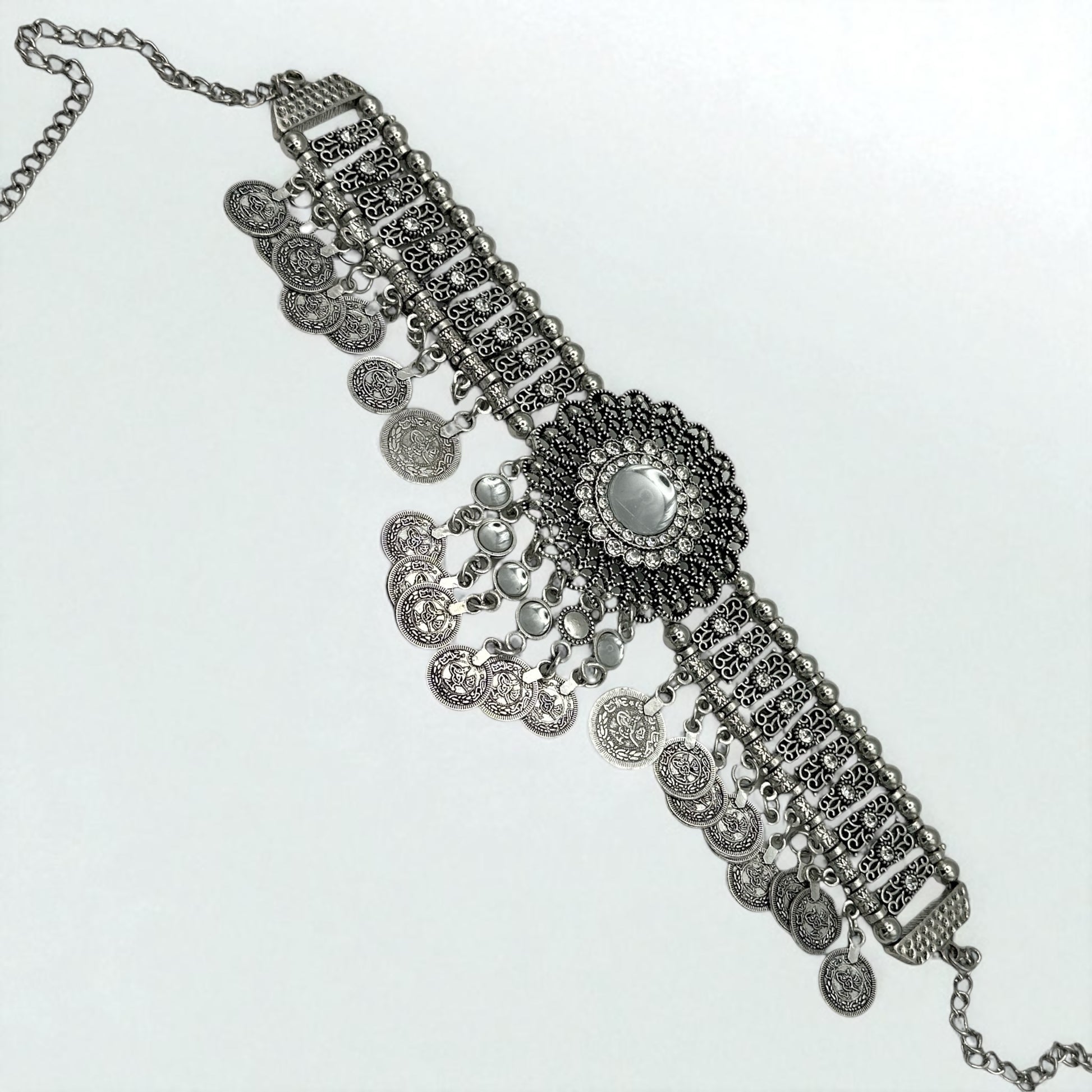Bohemian Tribal Coins Choker Necklace – Ethnic Rhinestone Statement Jewellery - Fatisha Boutique #