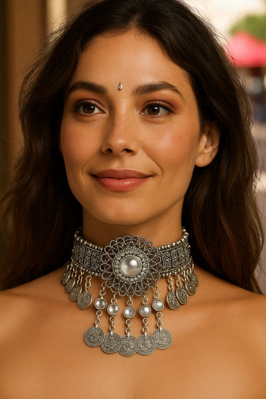 Bohemian Tribal Coins Choker Necklace – Ethnic Rhinestone Statement Jewellery - Fatisha Boutique #