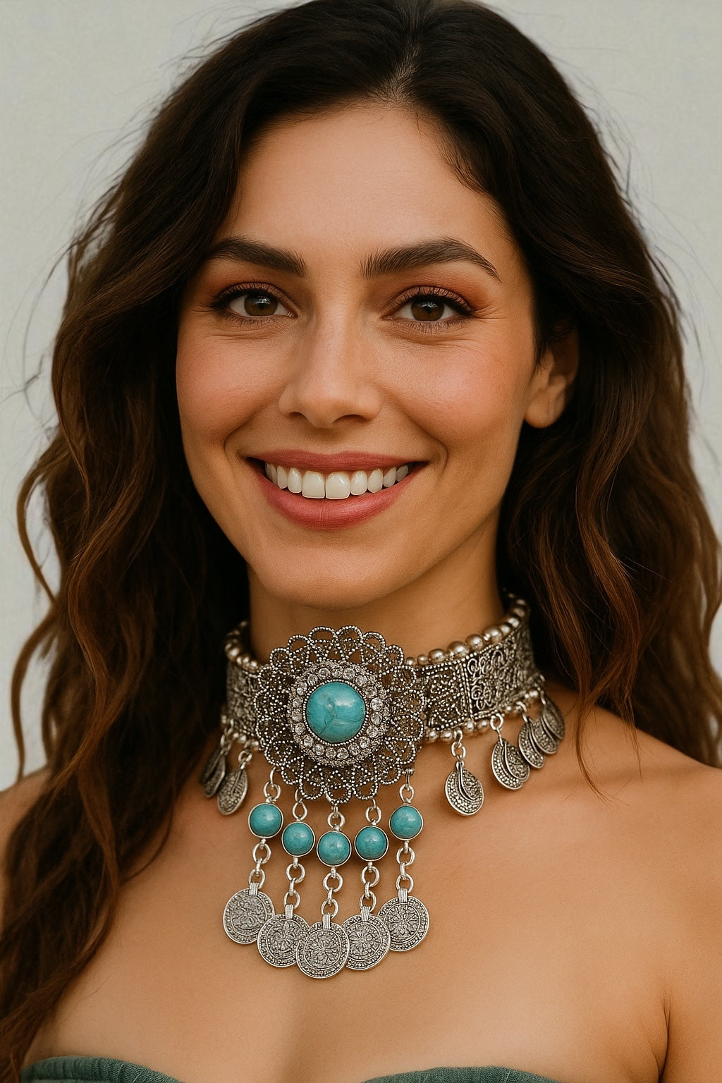 Bohemian Tribal Coins Choker Necklace – Ethnic Rhinestone Statement Jewellery - Fatisha Boutique #