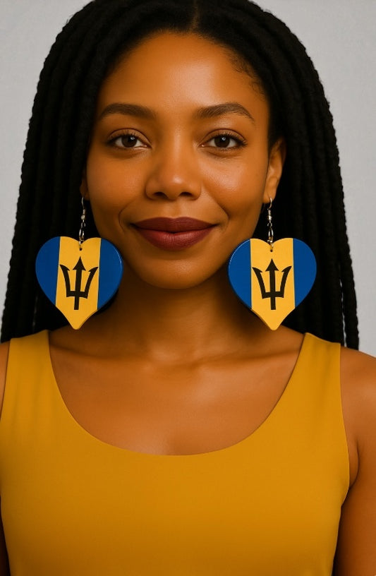 Oversized Barbados Flag Heart Earrings – Double-Sided Wooden Ethnic Statement Jewellery - Fatisha Boutique #