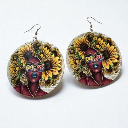 Dope Afro Woman Sunflower Wooden Earrings – Ethnic Statement Jewellery - Fatisha Boutique #