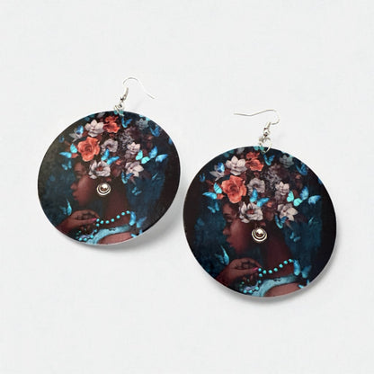 Afrocentric Queen Wooden Earrings – Floral & Butterfly Art Double-Sided Statement Jewellery - Fatisha Boutique #
