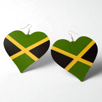 Oversized Jamaican Flag Heart Earrings – Double-Sided Wooden Ethnic Statement Jewellery - Fatisha Boutique #