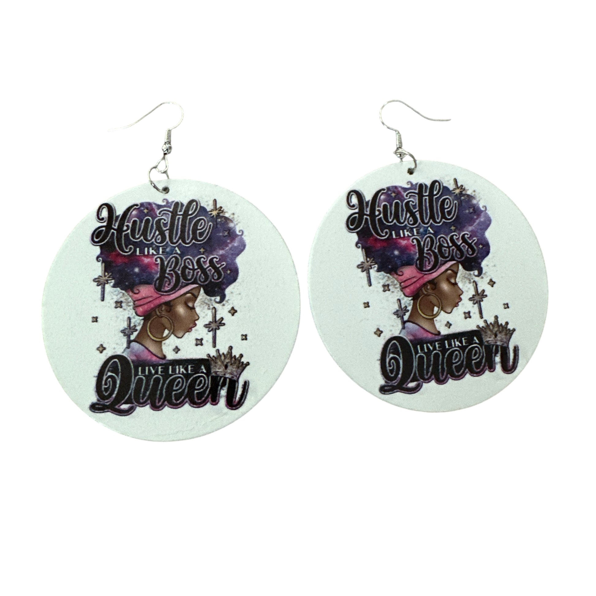 Double-Sided "Hustle Like a Boss, Live Like a Queen" Wooden Earrings – Afrocentric Statement Jewellery - Fatisha Boutique #