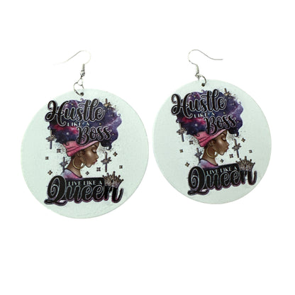 Double-Sided "Hustle Like a Boss, Live Like a Queen" Wooden Earrings – Afrocentric Statement Jewellery - Fatisha Boutique #