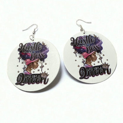 Double-Sided "Hustle Like a Boss, Live Like a Queen" Wooden Earrings – Afrocentric Statement Jewellery - Fatisha Boutique #