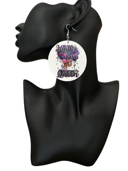 Double-Sided "Hustle Like a Boss, Live Like a Queen" Wooden Earrings – Afrocentric Statement Jewellery - Fatisha Boutique #