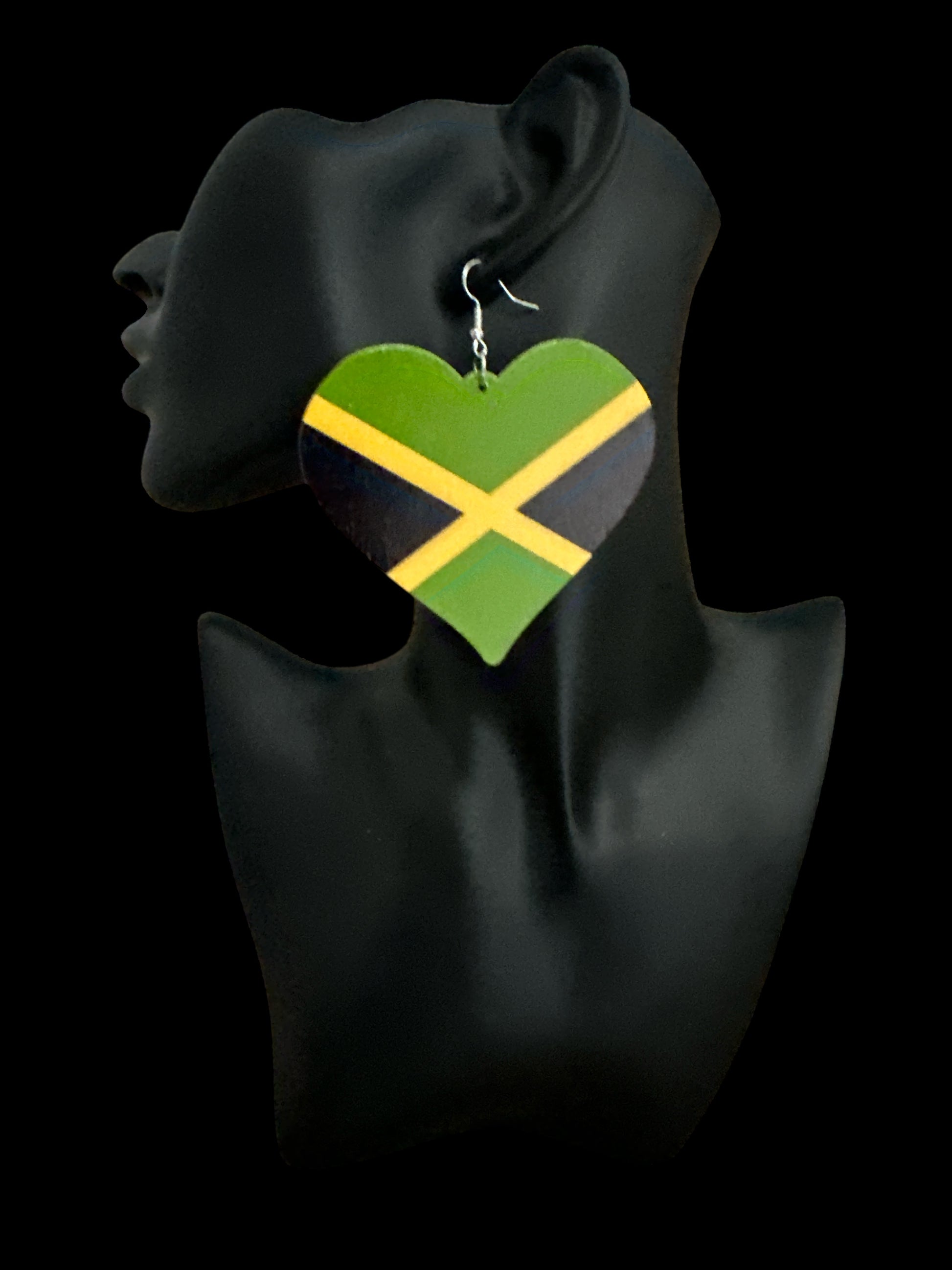 Oversized Jamaican Flag Heart Earrings – Double-Sided Wooden Ethnic Statement Jewellery - Fatisha Boutique #