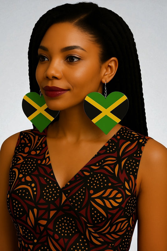 Oversized Jamaican Flag Heart Earrings – Double-Sided Wooden Ethnic Statement Jewellery - Fatisha Boutique #