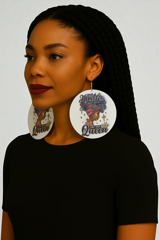 Double-Sided "Hustle Like a Boss, Live Like a Queen" Wooden Earrings – Afrocentric Statement Jewellery - Fatisha Boutique #