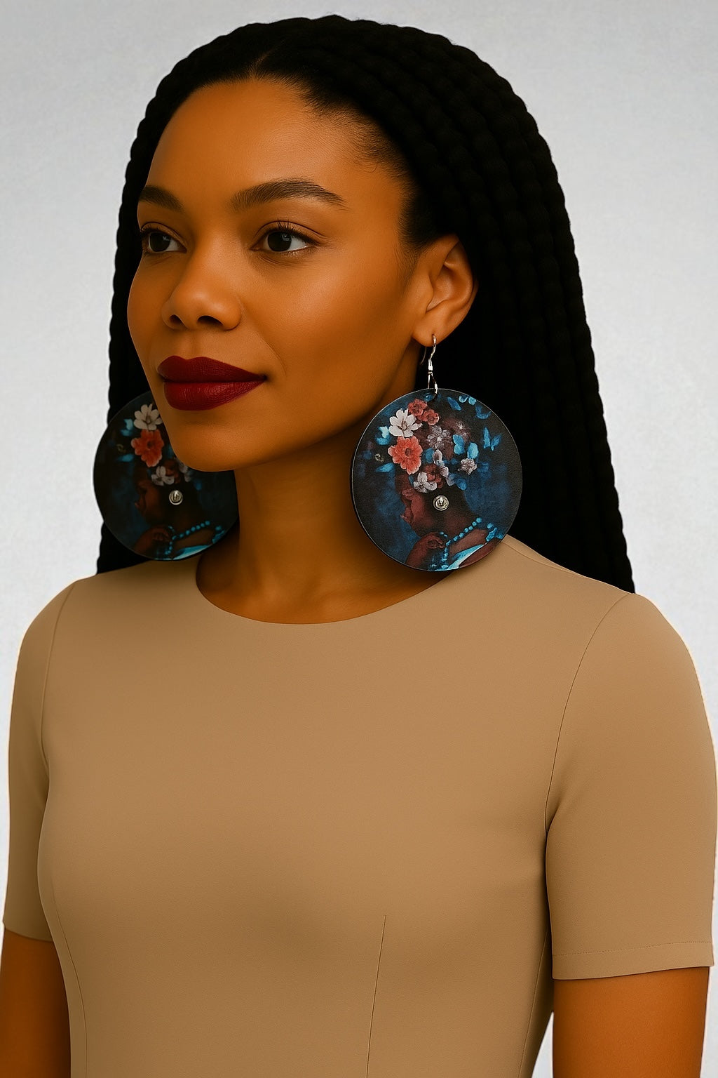 Afrocentric Queen Wooden Earrings – Floral & Butterfly Art Double-Sided Statement Jewellery - Fatisha Boutique #