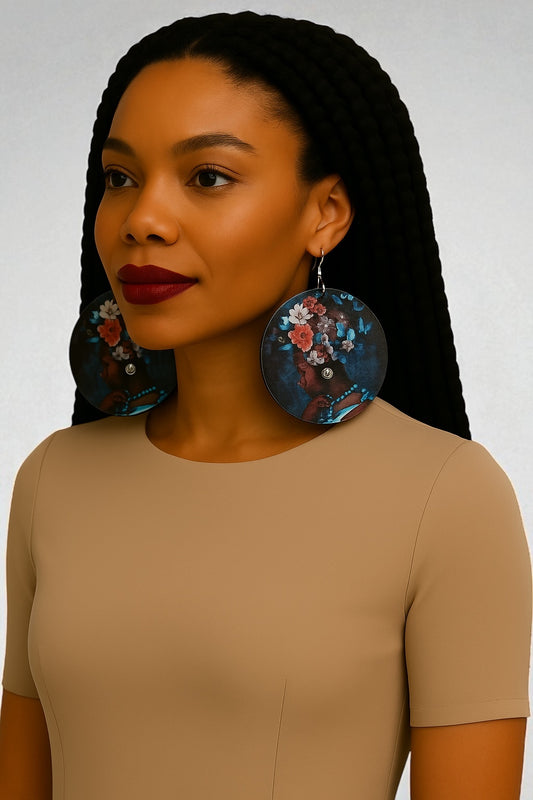 Afrocentric Queen Wooden Earrings – Floral & Butterfly Art Double-Sided Statement Jewellery - Fatisha Boutique #