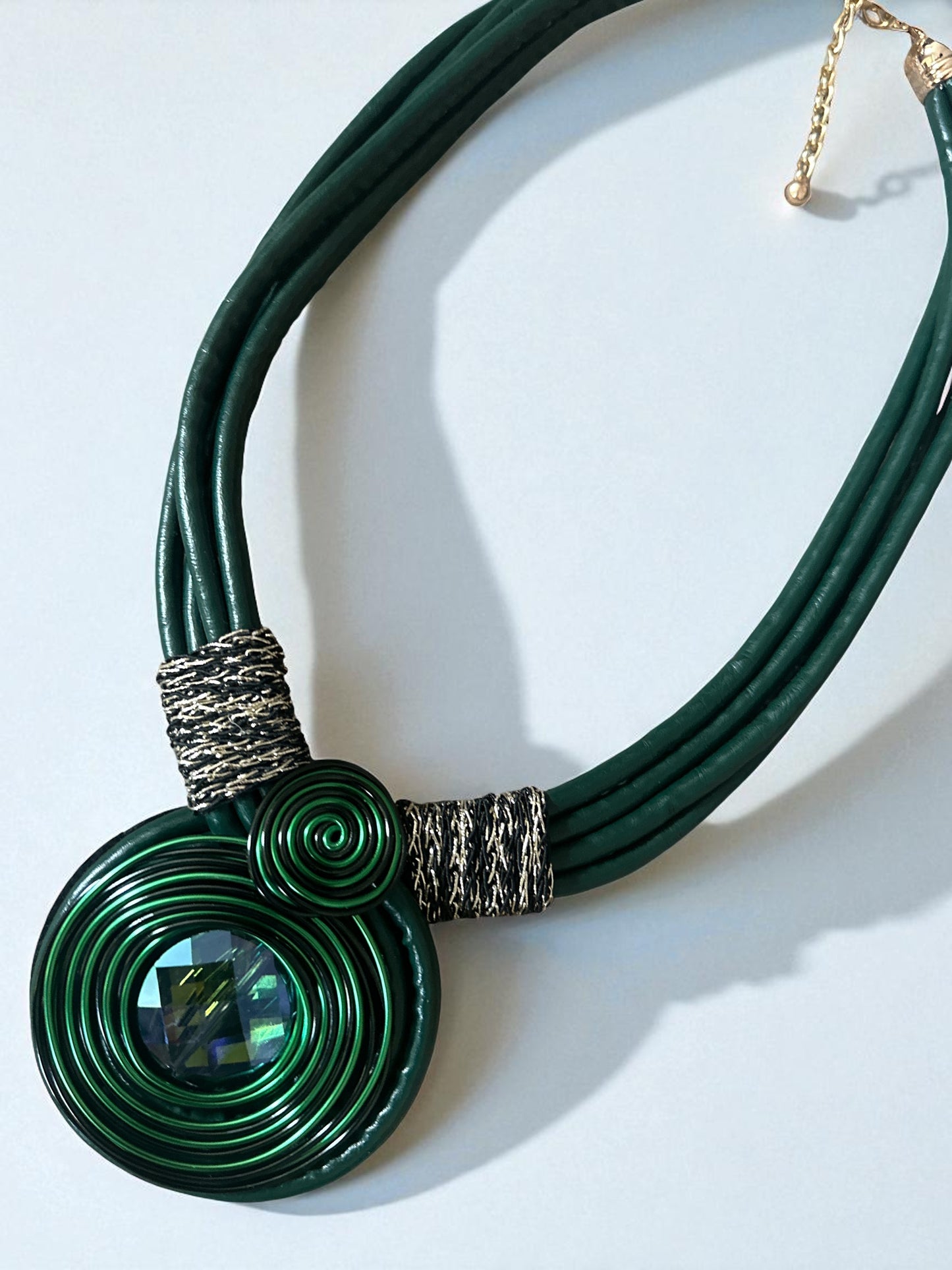 Bohemian Faux Leather Necklace with Crystal Pendant – Multi-Strand Statement Jewellery - Fatisha Boutique #