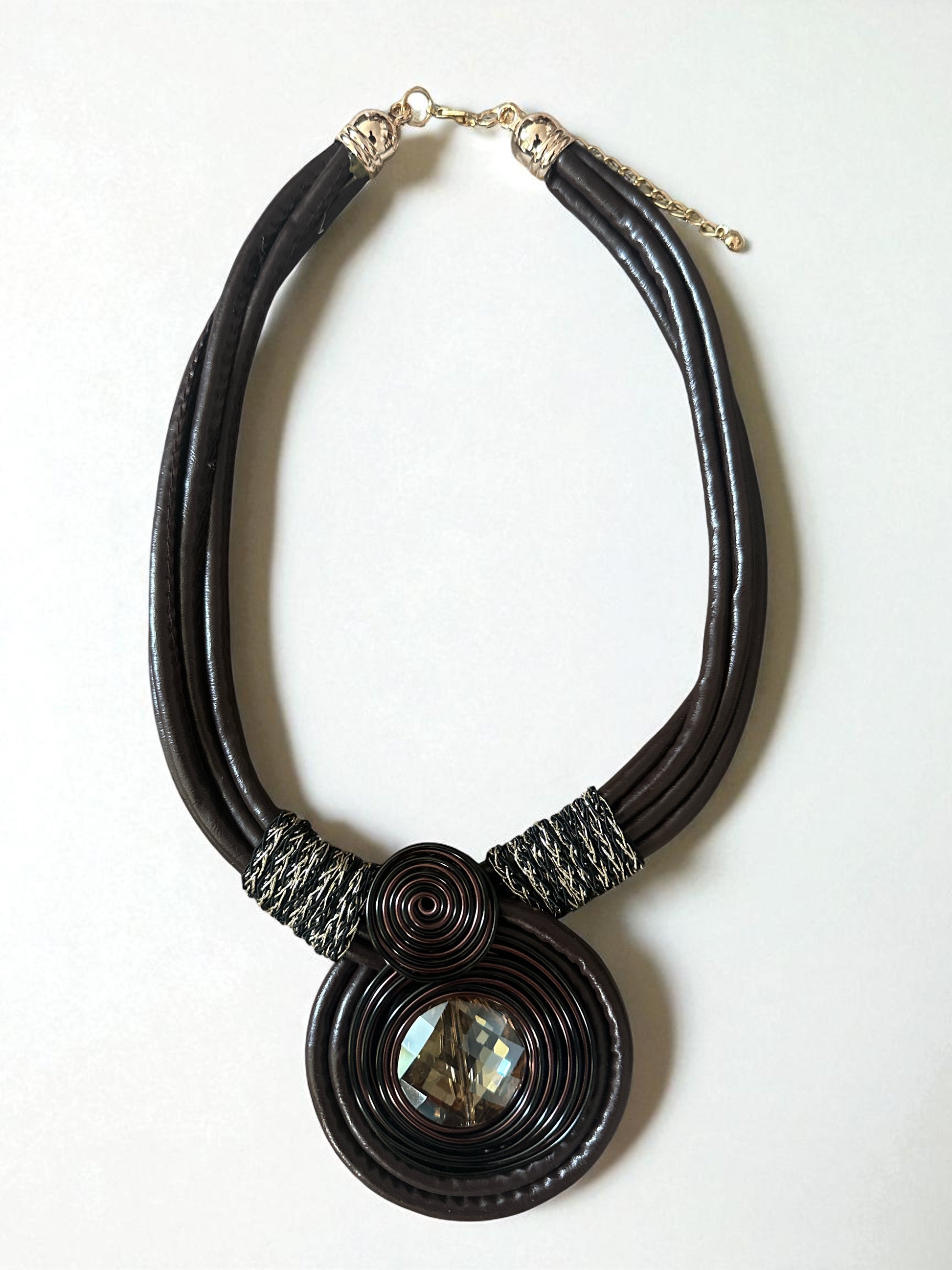 Bohemian Faux Leather Necklace with Crystal Pendant – Multi-Strand Statement Jewellery - Fatisha Boutique #
