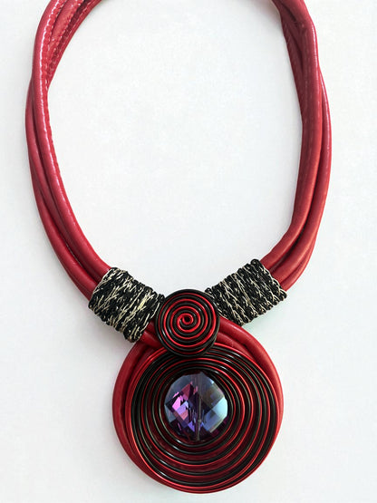 Bohemian Faux Leather Necklace with Crystal Pendant – Multi-Strand Statement Jewellery - Fatisha Boutique #