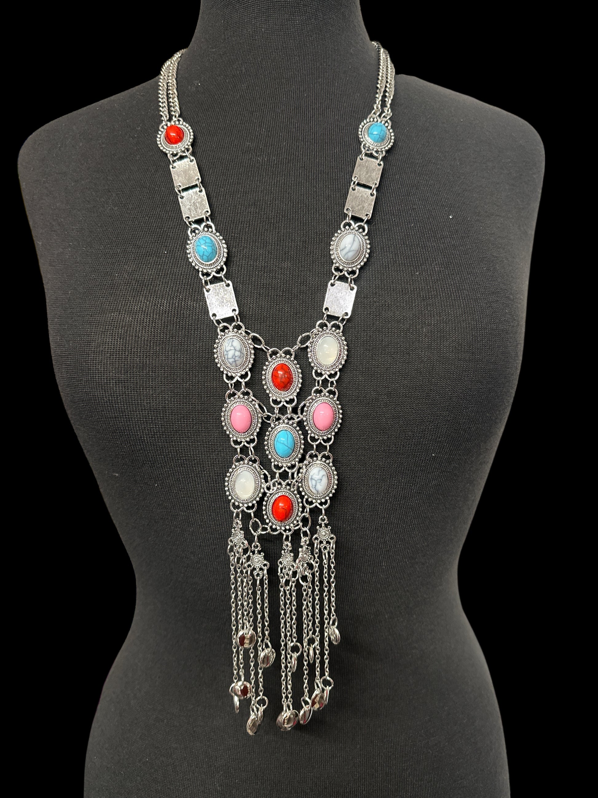 Long Bohemian Statement Necklace with Colourful Stones & Tassel Chains – Vintage Tribal Jewellery - Fatisha Boutique #