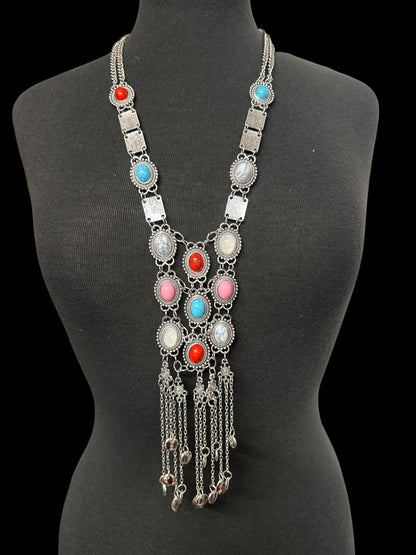 Long Bohemian Statement Necklace with Colourful Stones & Tassel Chains – Vintage Tribal Jewellery - Fatisha Boutique #