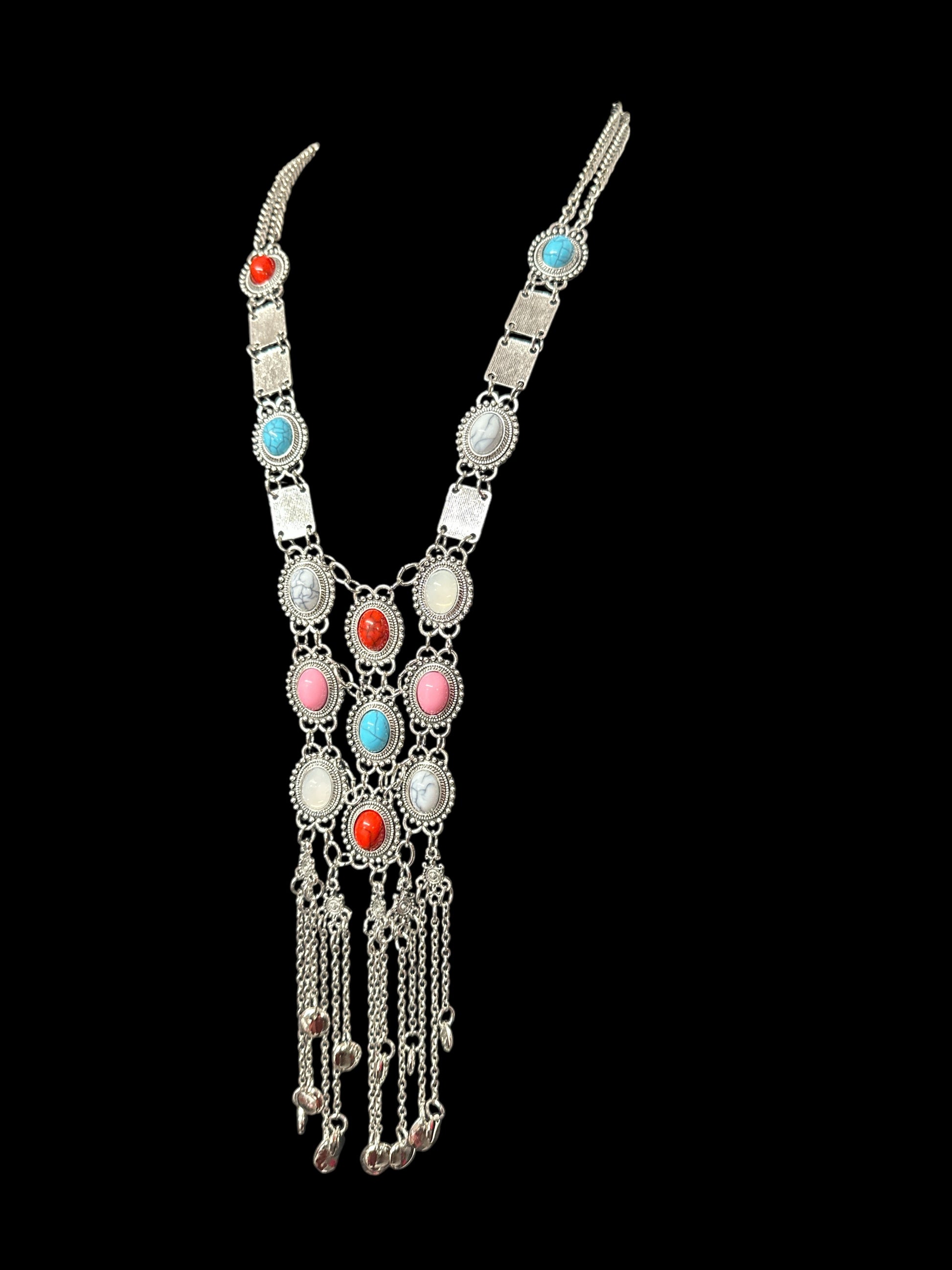 Long Bohemian Statement Necklace with Colourful Stones & Tassel Chains – Vintage Tribal Jewellery - Fatisha Boutique #