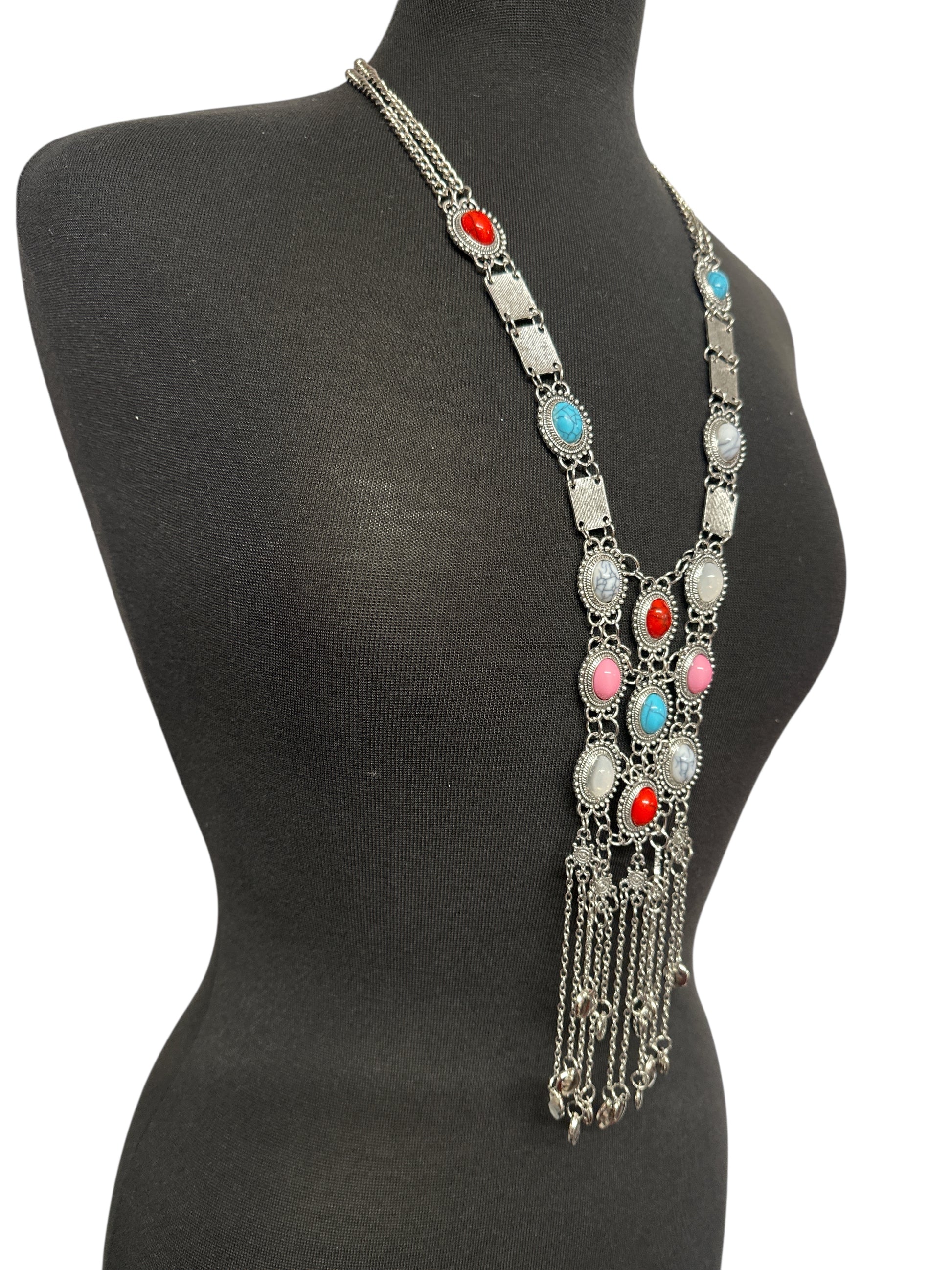 Long Bohemian Statement Necklace with Colourful Stones & Tassel Chains – Vintage Tribal Jewellery - Fatisha Boutique #