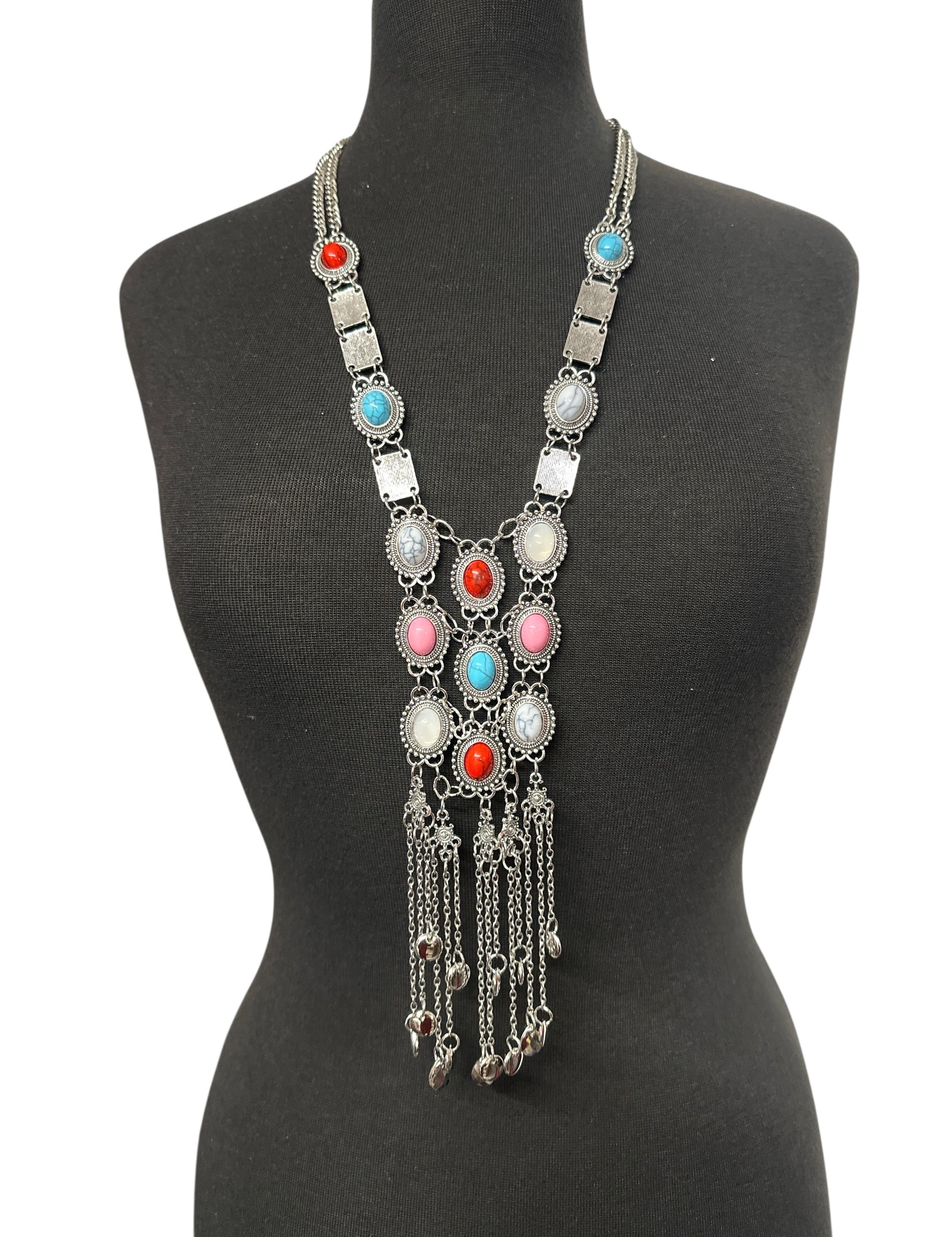 Long Bohemian Statement Necklace with Colourful Stones & Tassel Chains – Vintage Tribal Jewellery - Fatisha Boutique #