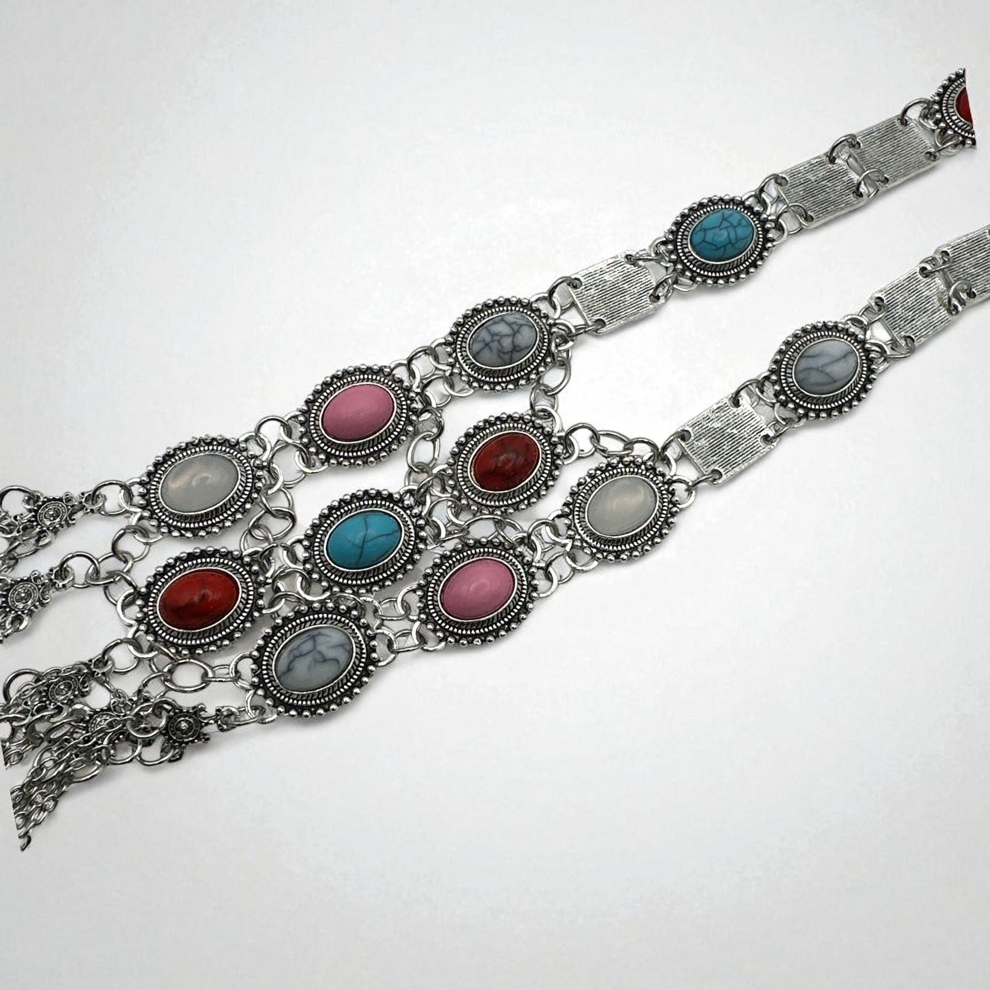 Long Bohemian Statement Necklace with Colourful Stones & Tassel Chains – Vintage Tribal Jewellery - Fatisha Boutique #