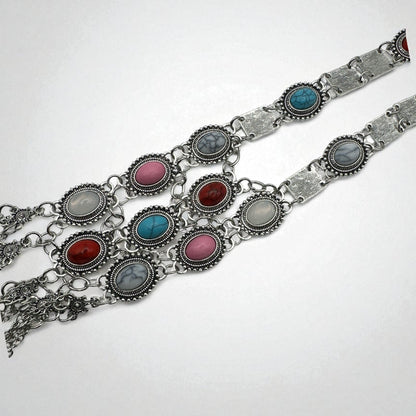 Long Bohemian Statement Necklace with Colourful Stones & Tassel Chains – Vintage Tribal Jewellery - Fatisha Boutique #