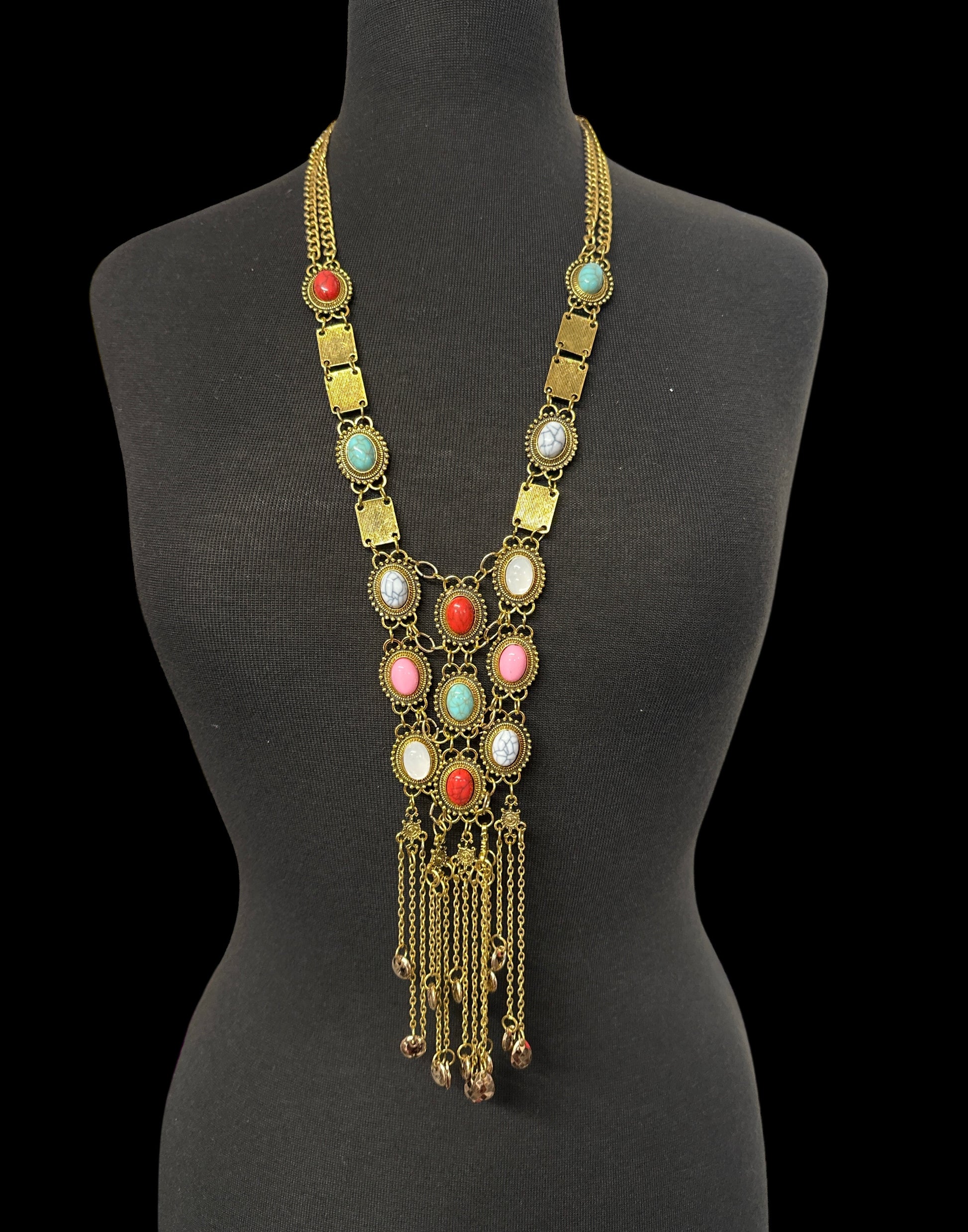 Long Bohemian Statement Necklace with Colourful Stones & Tassel Chains – Vintage Tribal Jewellery - Fatisha Boutique #