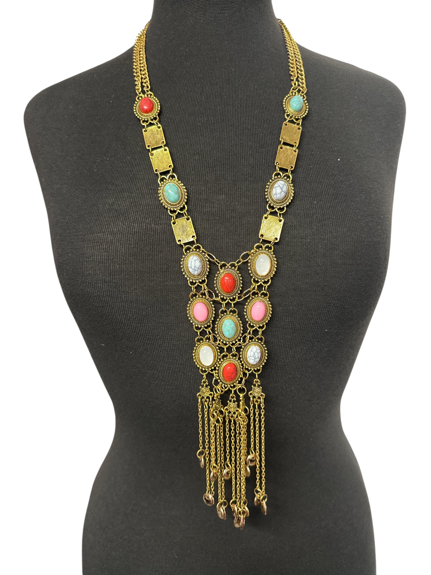 Long Bohemian Statement Necklace with Colourful Stones & Tassel Chains – Vintage Tribal Jewellery - Fatisha Boutique #