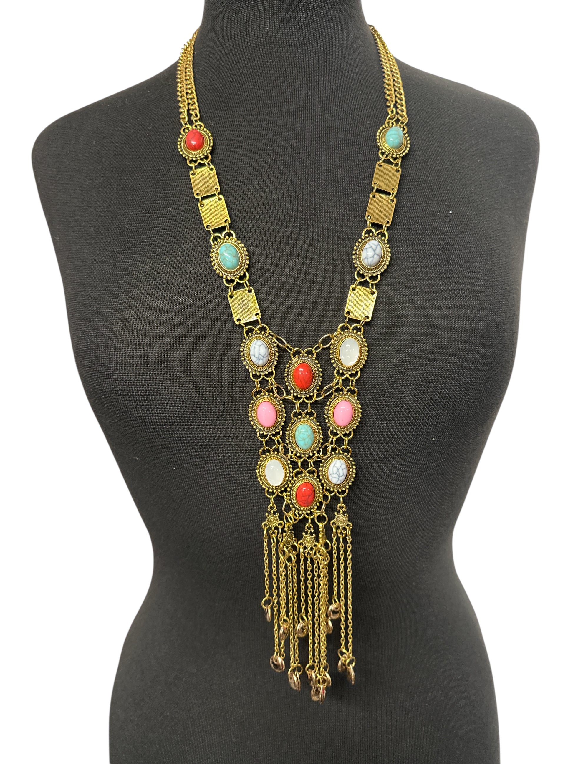 Long Bohemian Statement Necklace with Colourful Stones & Tassel Chains – Vintage Tribal Jewellery - Fatisha Boutique #