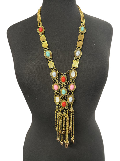 Long Bohemian Statement Necklace with Colourful Stones & Tassel Chains – Vintage Tribal Jewellery - Fatisha Boutique #