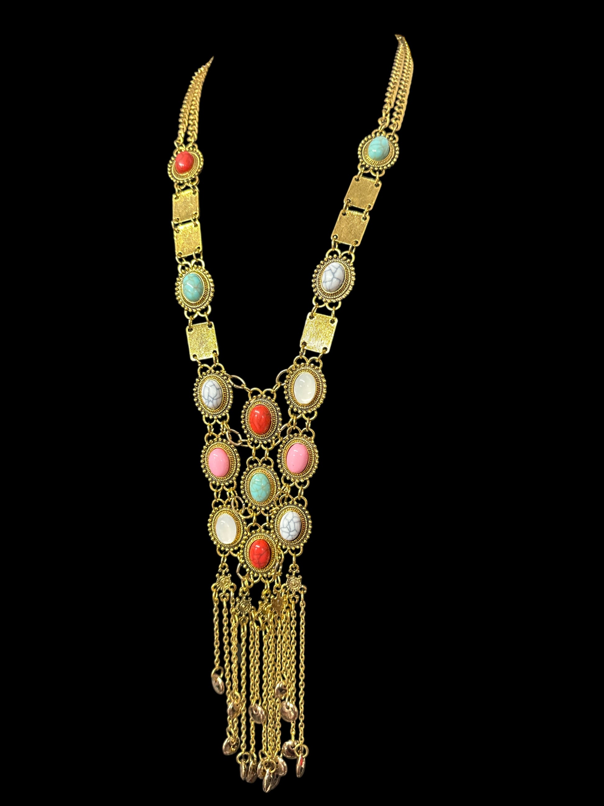 Long Bohemian Statement Necklace with Colourful Stones & Tassel Chains – Vintage Tribal Jewellery - Fatisha Boutique #