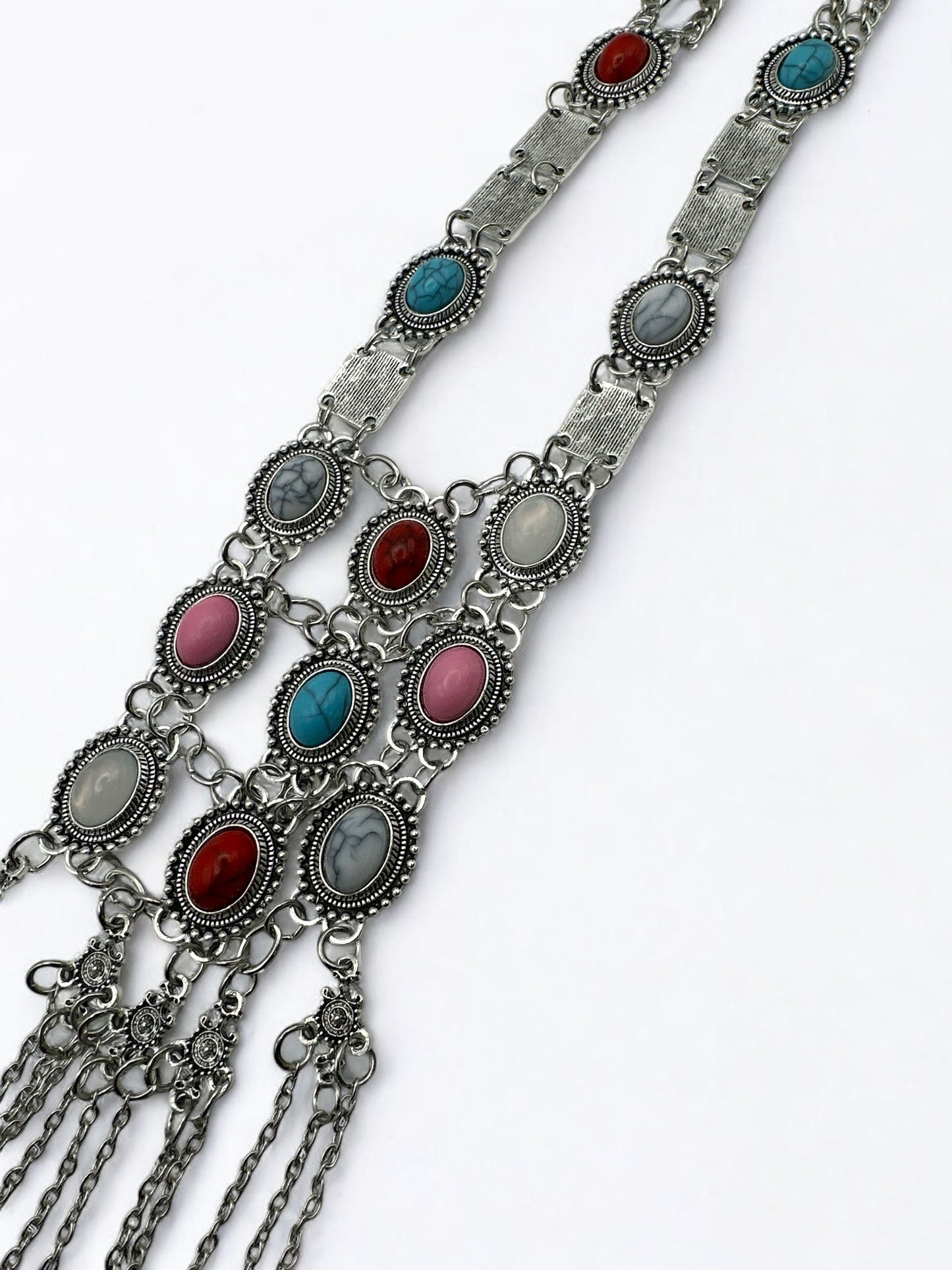 Long Bohemian Statement Necklace with Colourful Stones & Tassel Chains – Vintage Tribal Jewellery - Fatisha Boutique #