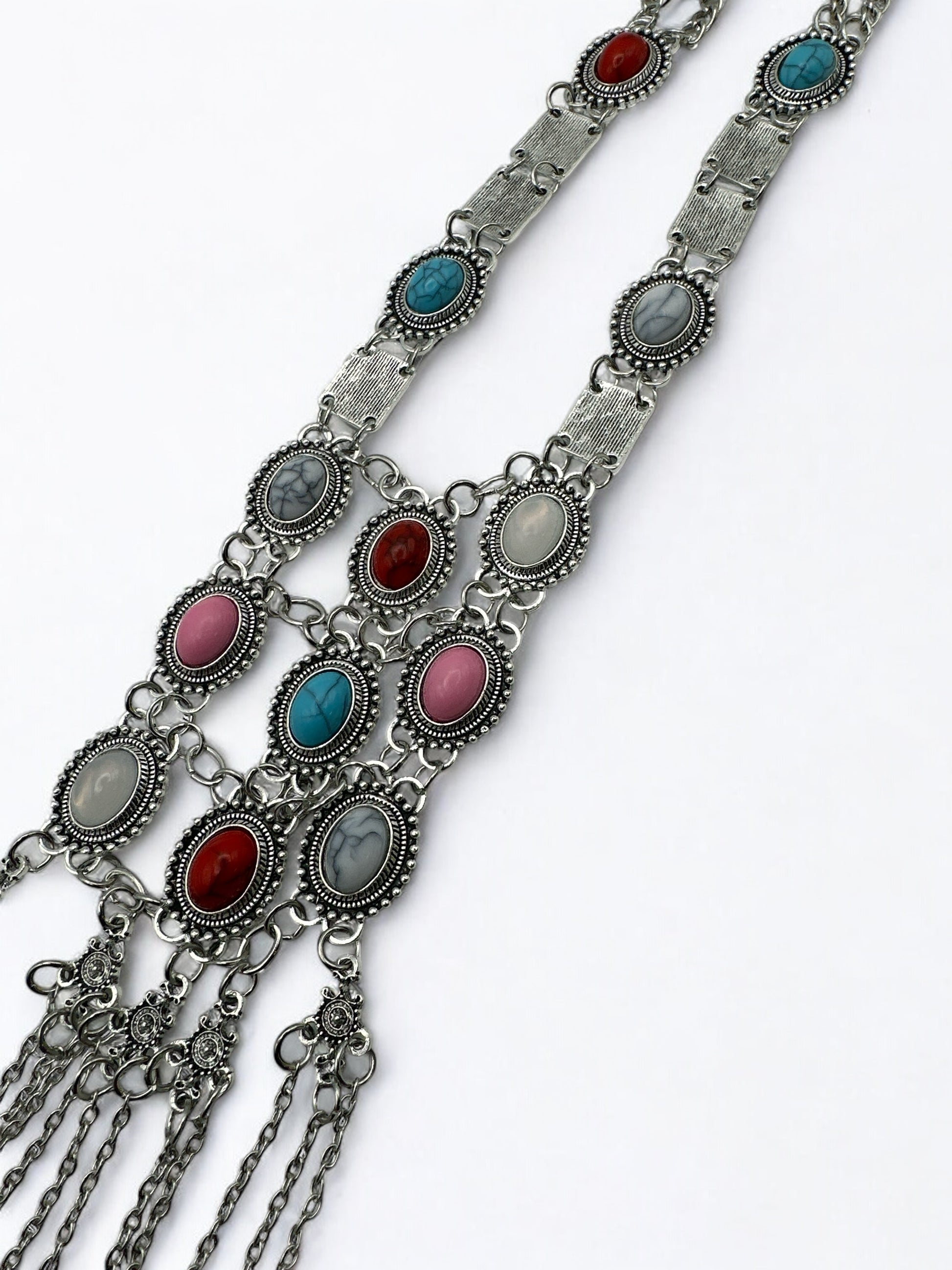 Long Bohemian Statement Necklace with Colourful Stones & Tassel Chains – Vintage Tribal Jewellery - Fatisha Boutique #