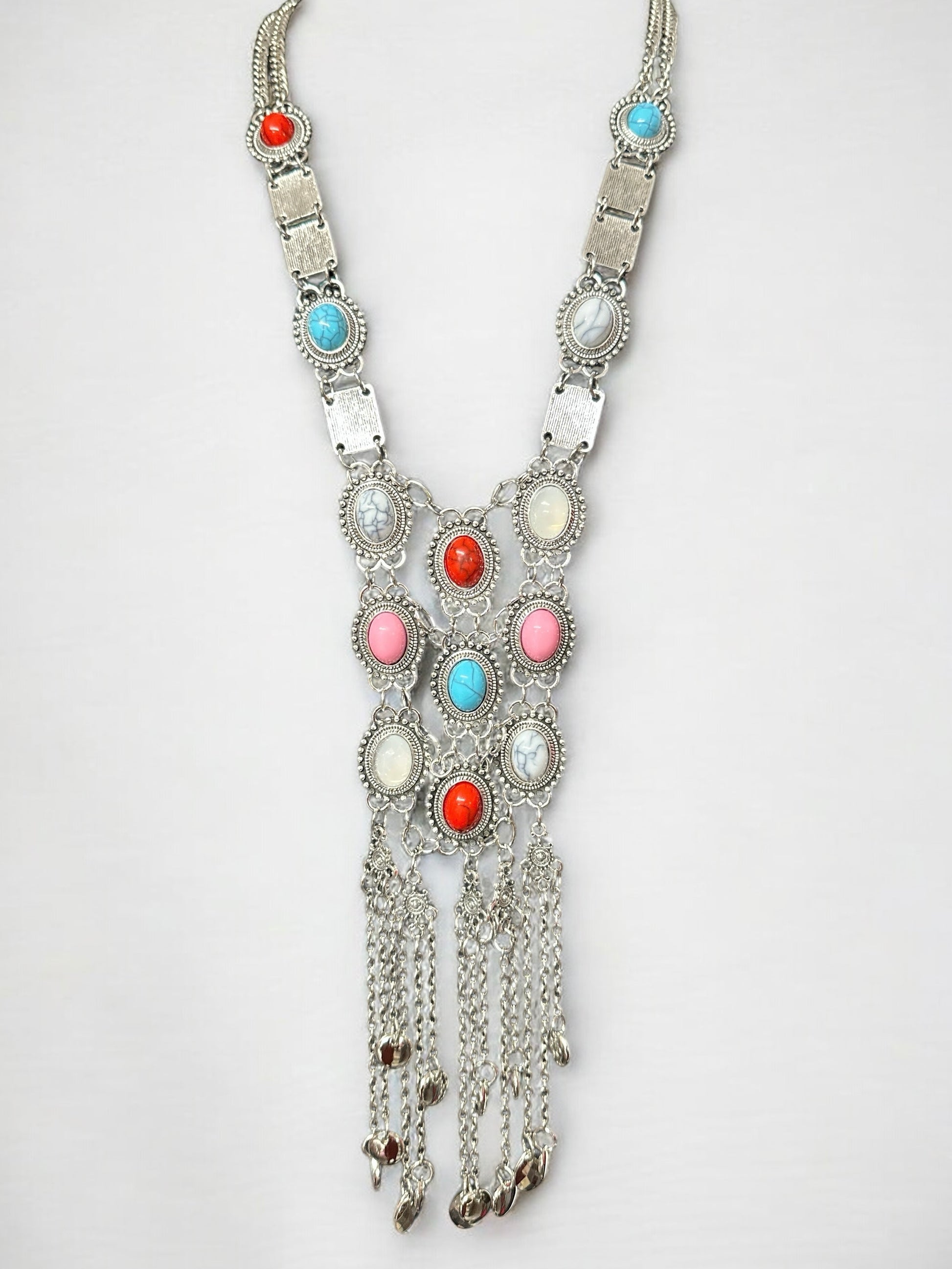 Long Bohemian Statement Necklace with Colourful Stones & Tassel Chains – Vintage Tribal Jewellery - Fatisha Boutique #