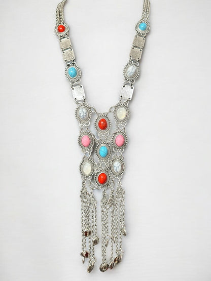 Long Bohemian Statement Necklace with Colourful Stones & Tassel Chains – Vintage Tribal Jewellery - Fatisha Boutique #