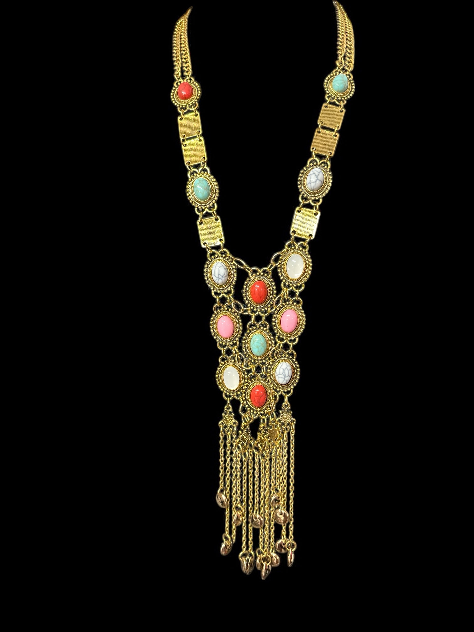 Long Bohemian Statement Necklace with Colourful Stones & Tassel Chains – Vintage Tribal Jewellery - Fatisha Boutique #