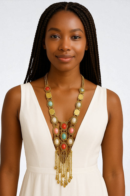 Long Bohemian Statement Necklace with Colourful Stones & Tassel Chains – Vintage Tribal Jewellery - Fatisha Boutique #