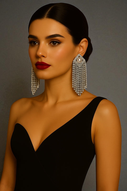 Elegant Pearl & Rhinestone Drape Statement Earrings – Glam Bridal & Evening Jewellery