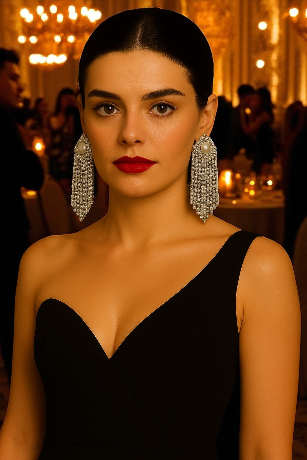 Elegant Pearl & Rhinestone Drape Statement Earrings – Glam Bridal & Evening Jewellery