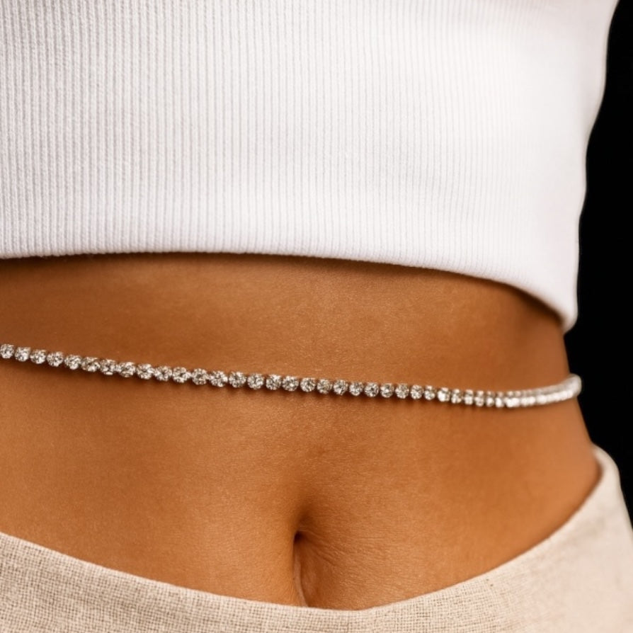 Minimalist Rhinestone Belly Chain – Gold, Silver, Black Crystal Waist Jewellery - Fatisha Boutique #