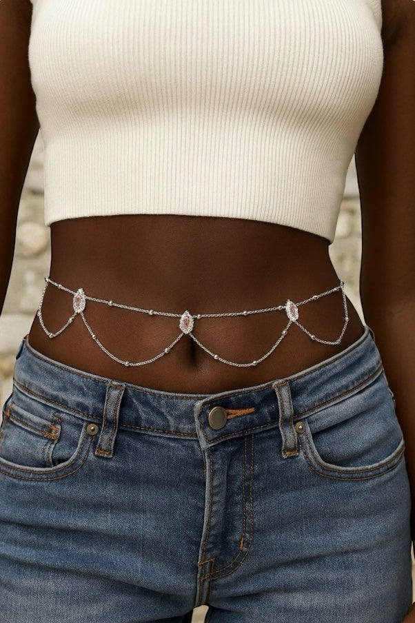 Elegant Rhinestone Belly Chain – Pink Crystal Waist Jewellery in Gold or Silver