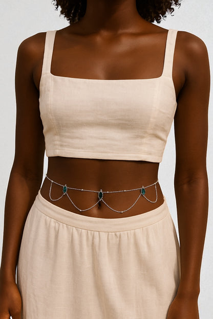 Rhinestone Crystal Belly Chain – Green & White Body Jewellery for Summer Looks