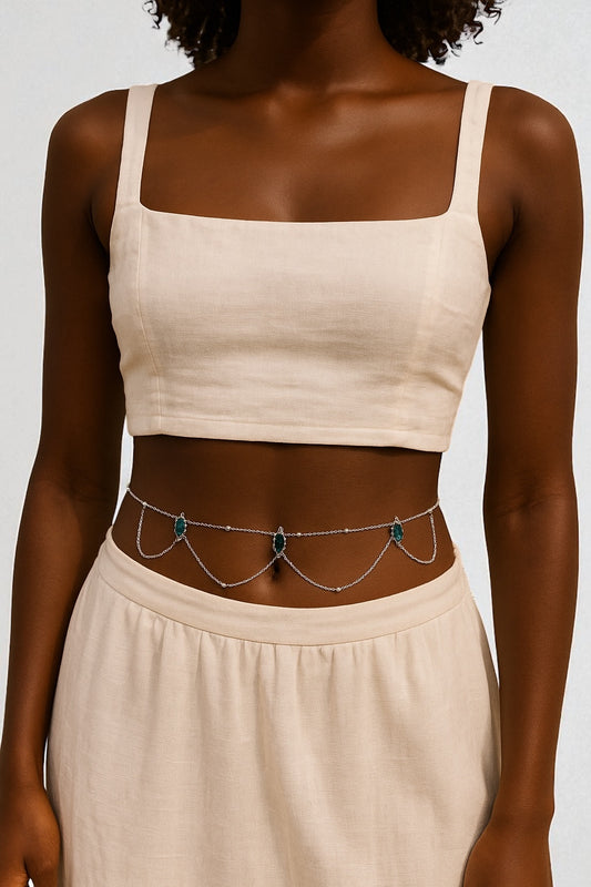 Rhinestone Crystal Belly Chain – Green & White Body Jewellery for Summer Looks